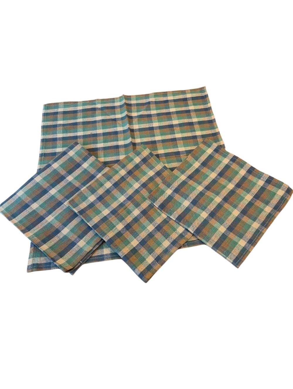 Plaid Cloth Dinner Napkins Set of 4 Blue Green Tan 19x19 Cottage Farmhouse Linen